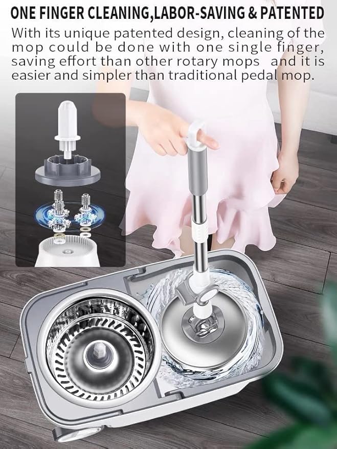 Spin Mop Bucket Deluxe 360 Spinning Floor Cleaning System with 6 Microfiber Replacement Head Refills,62" Extended Handle,4X Wheel for Home Cleaning
