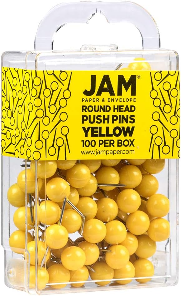 JAM PAPER Colorful Push Pins - Round Head Map Thumb Tacks - Yellow Pushpins - 100/Pack