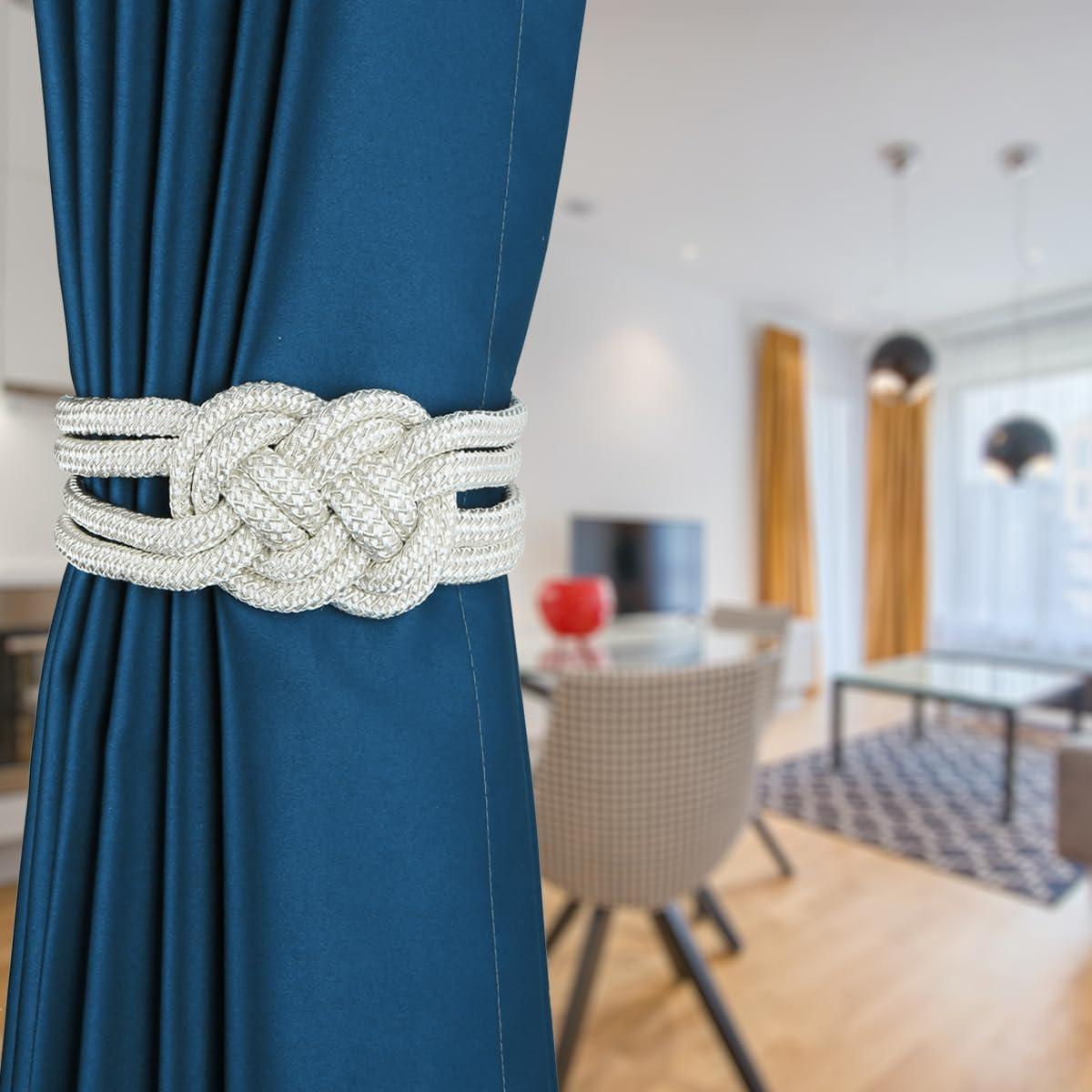 2 Pack Magnetic Curtain Tiebacks, Hand Weave Rope Knot Decorative Curtain Holdbacks for Home & Office Thin Window Drapery (Beige,2P)
