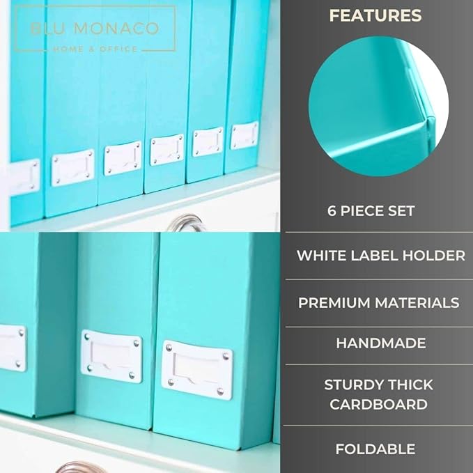 BLU MONACO Set of 6 Foldable Aqua Magazine File Holders with White Leather Label Holders – Cute Book Organizers for Desk, Classroom, Shelves, and Home Office