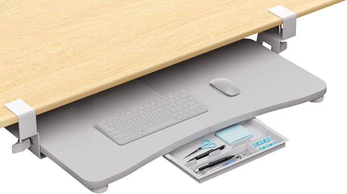 Desktop Keyboard Tray, Under Desk Pull Out,25.59" X 11.81" Large Size Radian Keyboard Tray with C-Clip Mount, Easy Installation, Computer Keyboard Stand, for Home Study and Office(White)