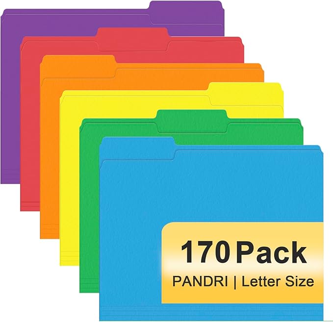 File Folder, PANDRI 170 Pack Colored File Folder, 1/3 Cut Tabs, Letter Size, Assorted 6 Colors Filing Folder for Office School Business