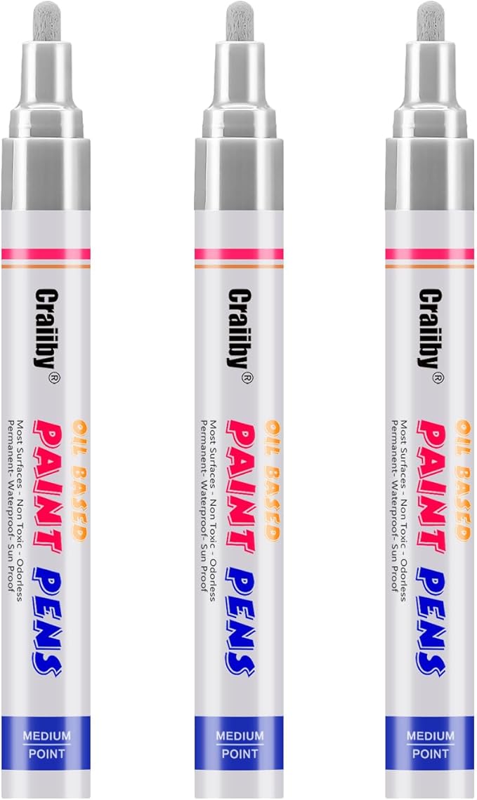 Silver Paint Markers, 3 Pack Oil-Based Waterproof Quick Dry Permanent Paint Pen Set for Rocks Painting, Wood, Fabric, Plastic, Canvas, Glass, Mugs, Metal, Tire, Stone, DIY Craft