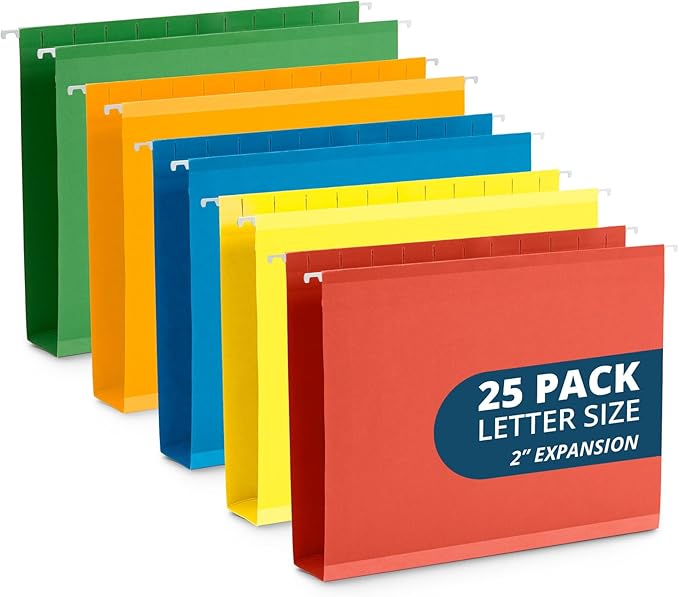 25 Blue Summit Supplies Hanging File Folder Extra Capacity, Expanding Hanging File Folders Letter Size, Extra Wide Hanging File Folders with 2” Expansion, Reinforced 12pt Paper, Assorted Colors
