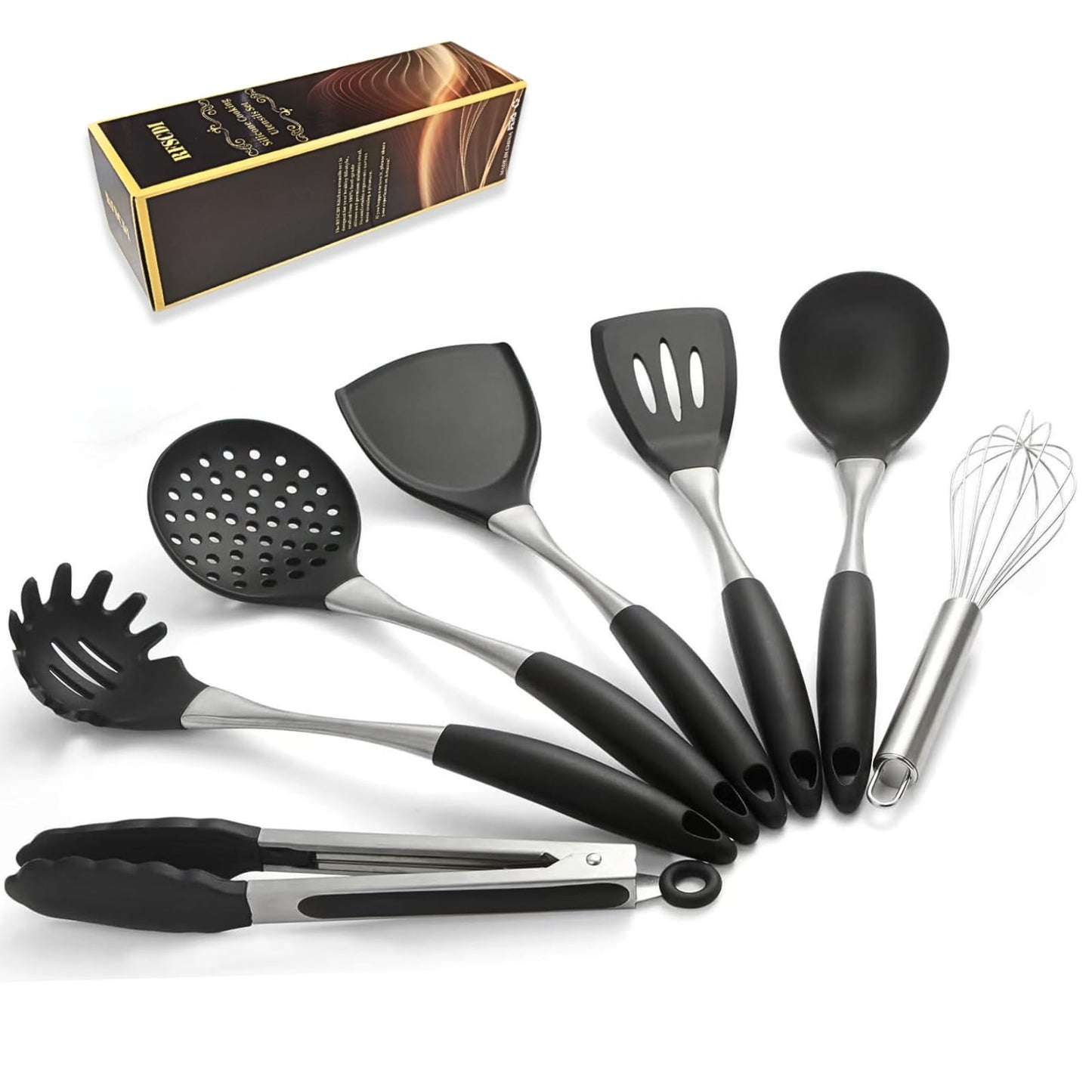Premium Black Silicone Cooking Utensils Set - Non-Toxic, Heat Resistant& Non-Stick Kitchen Utensils Set with Spatula, Spoon, Whisk, Tongs, BPA Free, Dishwasher Safe, Black