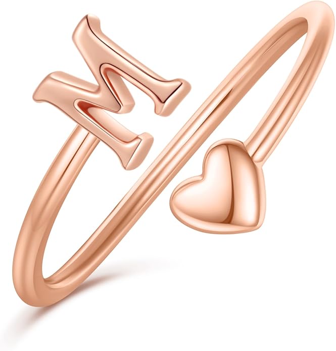 Initial Rings for Women Girls - Valentines Day Gifts for Her, Adjustable Rings for Women Non Tarnish Letter A-Z Dainty Heart Ring Teen Girls Gifts Trendy Stuff Personalized Jewelry Gift