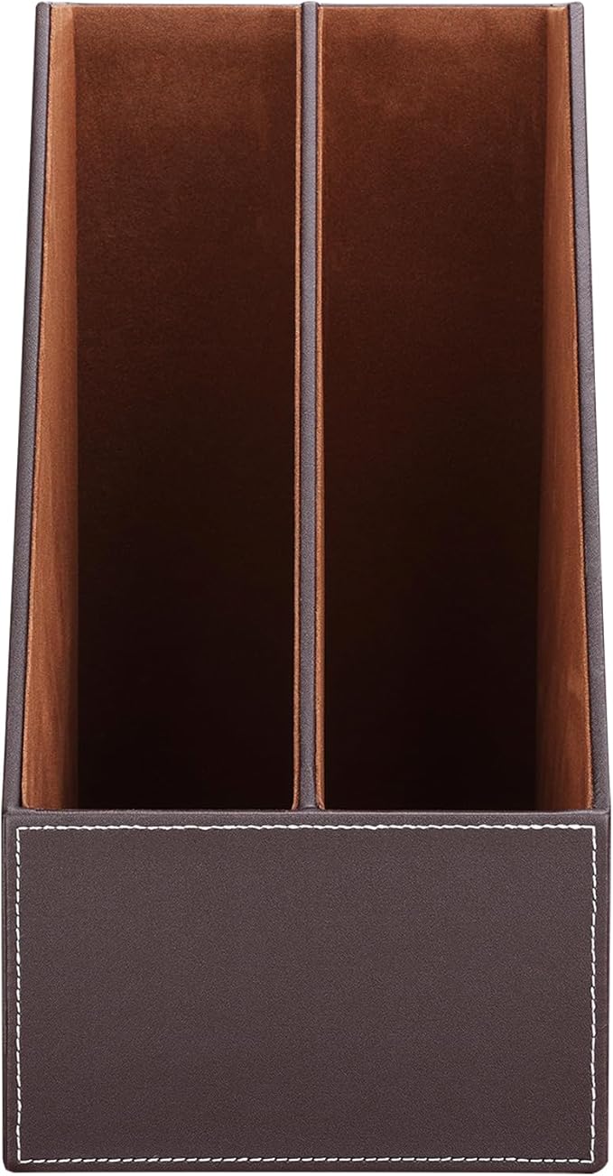 KINGFOM Wooden Leatherette Desktop File Folder Organizer and Document File Stand Journals Magazine Rack 2 Slots (brown)