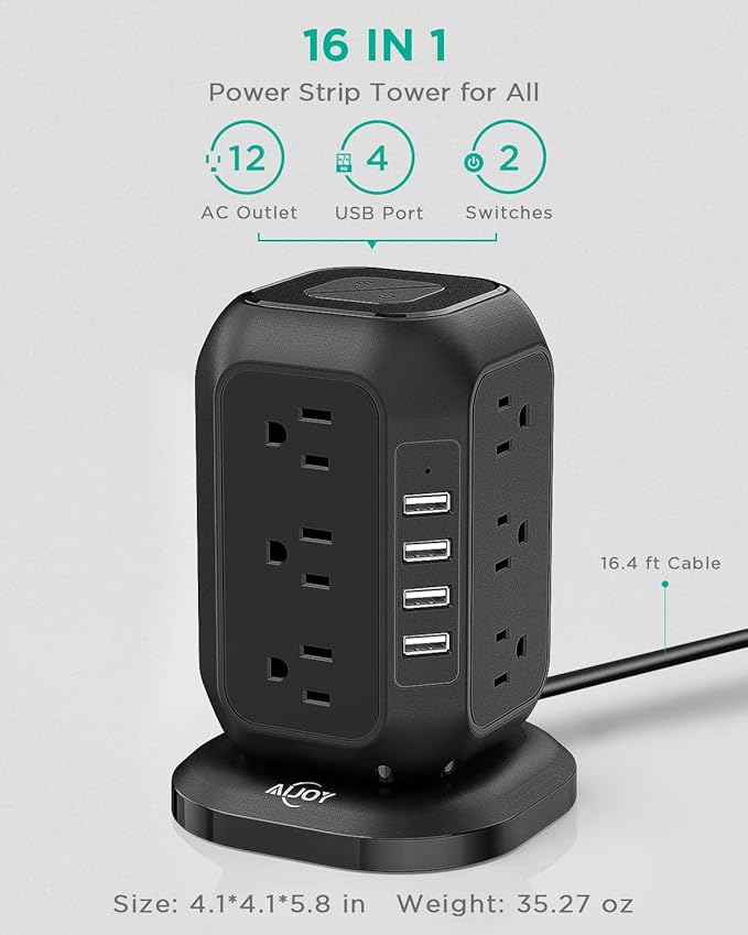 AiJoy Power Strip Tower 16.4 ft Cord, Surge Protector with 12 AC Outlet and 4 USB Ports, Charging Station Extension Cord with Multiple Outlets for Home, Office, Dorm Room Essentials