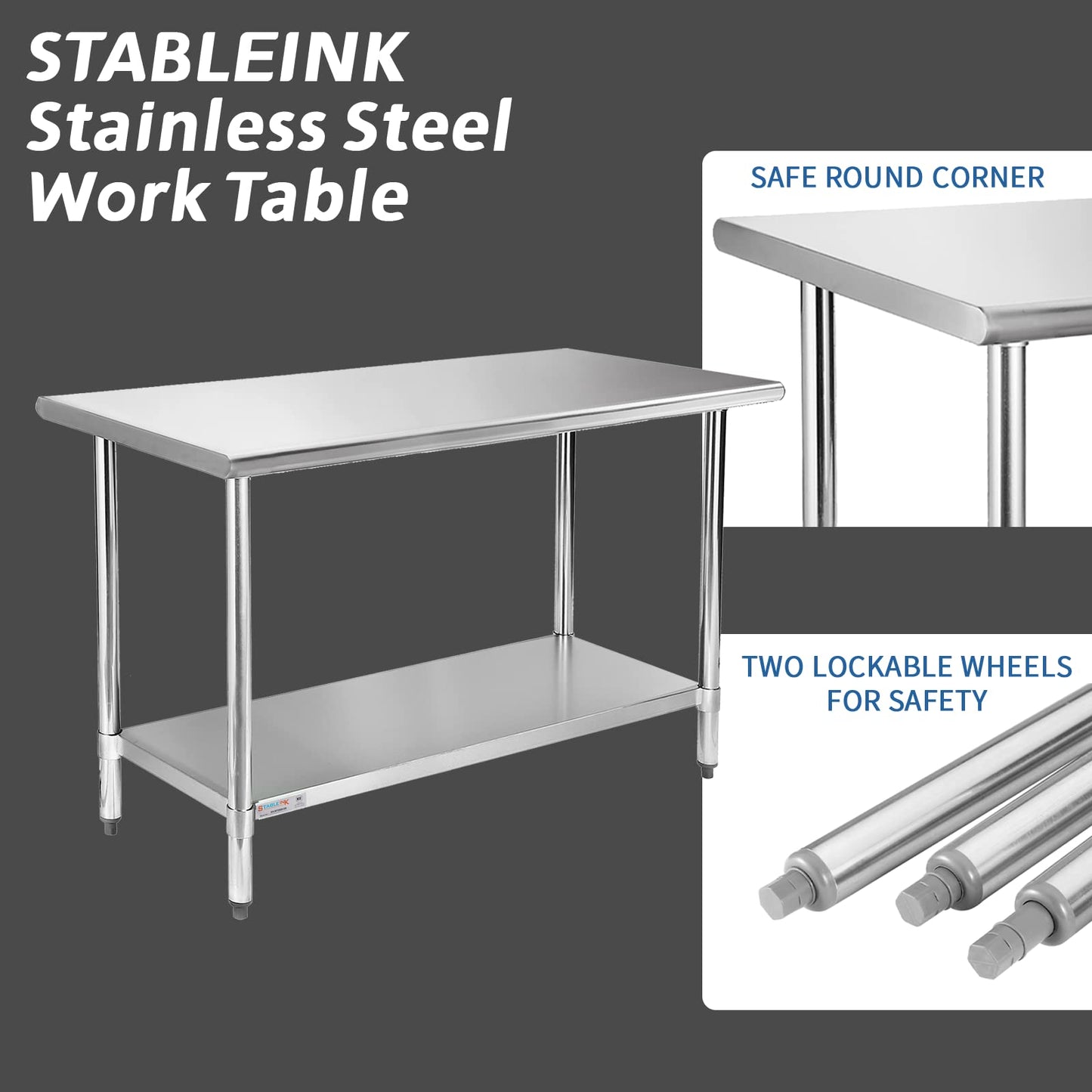 STABLEINK NSF Stainless Steel Prep Table 60x24 Inches 5ft, Metal Work Table with Adjustable Undershelf, for Commercial Kitchen, Restaurant, Hotel, Laundry and Garage