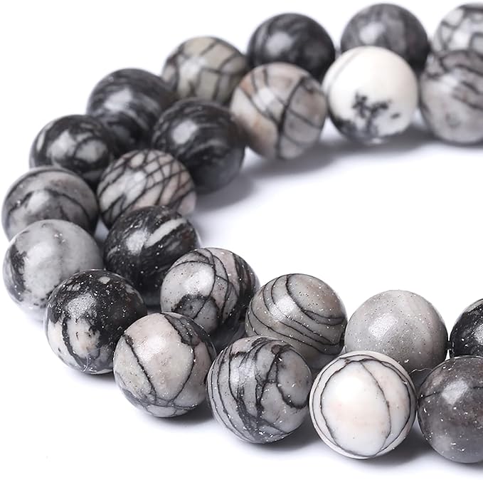 60pcs 6mm Natural Stone Beads Spider Web Stone Round Loose Spacer Energy Stone Healing Power Beads for Jewelry Making DIY Bracelet Necklace 15"