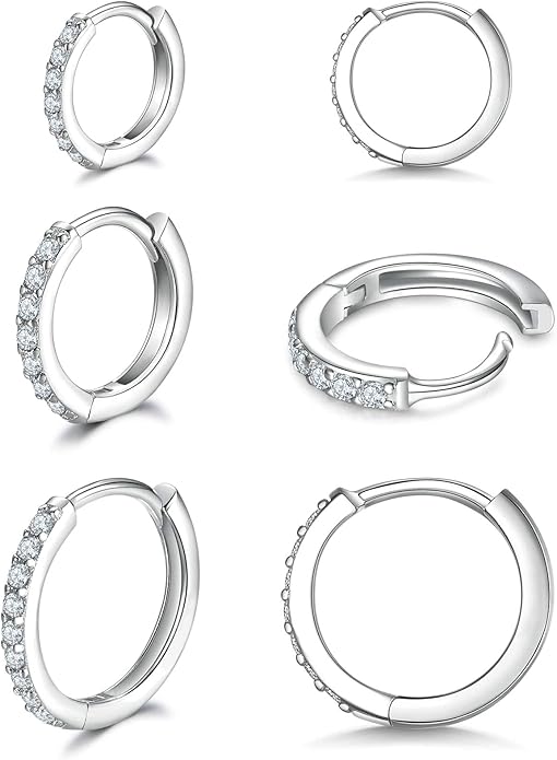 925 Sterling Silver Small Hoop Earrings Cubic Zirconia Huggie Hoop Earrings, 3 Pairs 14K White Gold Plated Cartilage Piercing Earrings Ear Cuff Tiny Hoop Earrings for Women Men