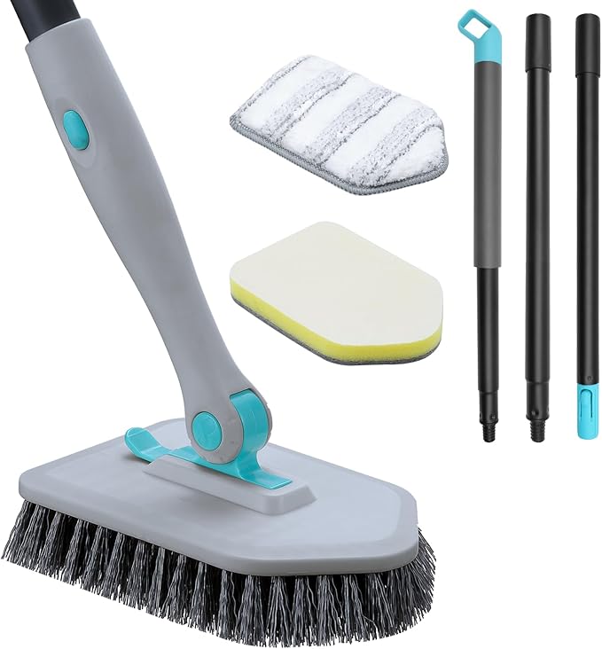 nacena Shower Scrubber with Long Handle, 3 in 1 Tile Tub Scrubber Brush with 3 Detachable Cleaning Heads Adjustable Handle Shower Cleaner Brush for Bathroom, Kitchen, Toilet, Wall, Sink, Black Grey