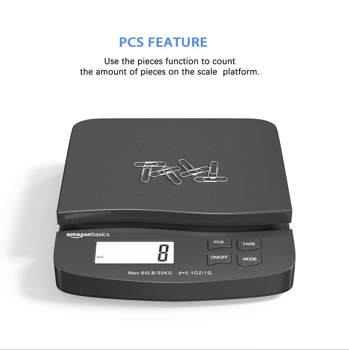 Amazon Basics Digital Postal Scale, AC Adapter, 65 lb Capacity, 0.1 oz Readability, Black