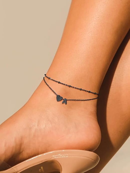 Suplight Stainless Steel Initial Ankle Bracelets for Women Layered Dainty Heart Anklet Beaded Anklets for Women Waterproof Plus Size Ankle Foot Chain Summer Essentials Jewelry(with Gift Box)