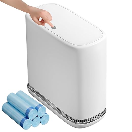 Spreezy Bathroom Trash Can with Lid, 2.3 Gallons / 8.6 L Small Waste Basket, Pneumatic Adhesion Style Garbage Can for Kitchen, Bedroom, Living Room, Office, Trash Bin Includes 5 Rolls of Trash Bags