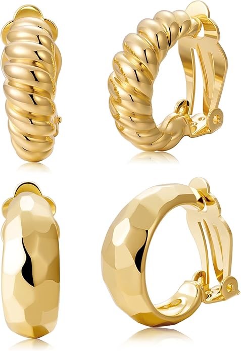 Clip on Earrings Women, 14K Gold Hoop Clip-On Earrings for Women, Hypoallergenic Non Pierced Croissant Earrings