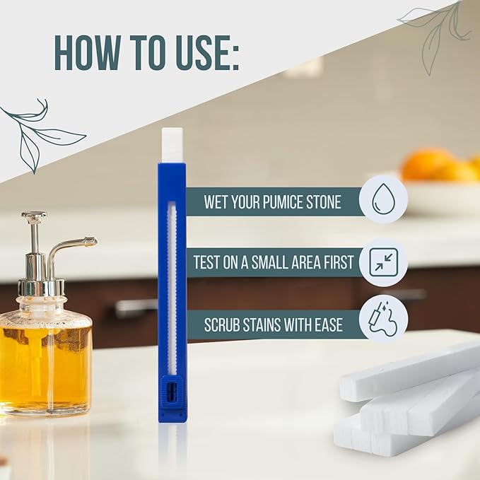 Powerstone Pumice Long Lasting Chisel Sticks - 8 Pack | Refillable Case with 8 Scouring Sticks to Remove Stains, Limescale & Carbon Buildup from Stoves, Ovens, BBQ Grills, Sinks, Tiles, Toilets & More