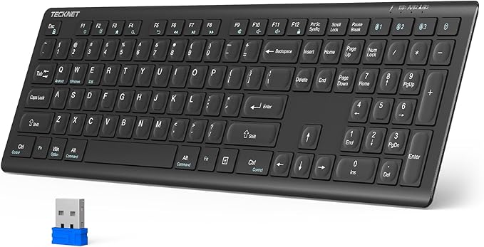 TECKNET Bluetooth Keyboard Rechargeable, 4-Device (2.4G+BT) Wireless Keyboard, Full Size Computer Keyboard with Stand, Ultra-Slim Quiet Typing, for PC/Laptop/Smart TV/Phone/Tablet, 12 Hotkeys