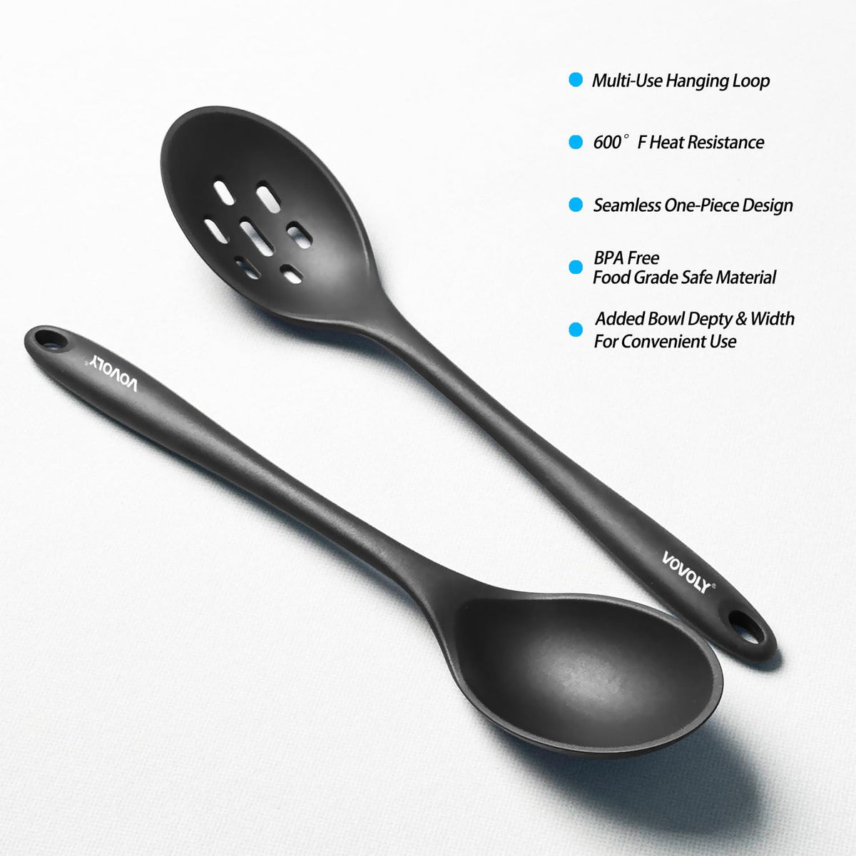 Silicone Spoons for Cooking - Extra Large Kitchen Spoons for Mixing, Serving, & Stirring - 600°F Heat-Resistant Non Stick Utensils Ladle & Skimmer- Dishwasher Safe, Black