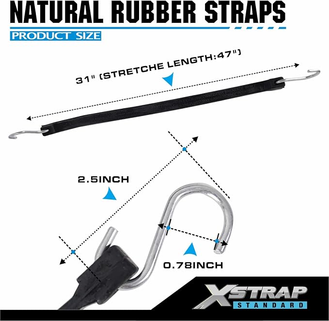 XSTRAP STANDARD 20 Pack 31'' Adjustable Rubber Tarp Straps, EPDM Bungee Cords with Hooks, Ideal for Securing Tarps, Canvases, Flatbed Trailers