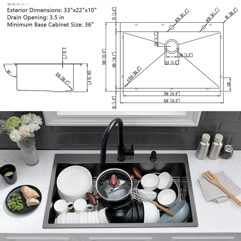 33 Black Kitchen Sink with Faucet Combo-VASOYO 33 x 22 Drop In Kitchen Sink Top Mount Black Stainless Steel Deep Single Bowl Over Mount Sinks with Faucet Combo Set