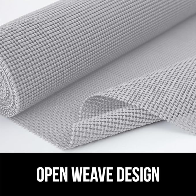 GORILLA GRIP powerGRIP Drawer Shelf and Cabinet Liner, Thick Strong Hold, Non-Adhesive Liners Protect Kitchen Cabinets and Cupboard, Bathroom Drawers, Easy Install, Breathable Mat, 12" x10' Light Gray