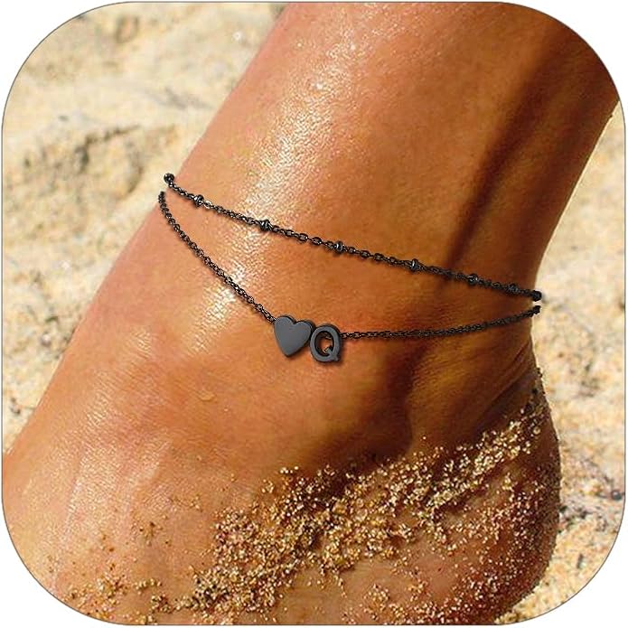 Suplight Stainless Steel Initial Ankle Bracelets for Women Layered Dainty Heart Anklet Beaded Anklets for Women Waterproof Plus Size Ankle Foot Chain Summer Essentials Jewelry(with Gift Box)