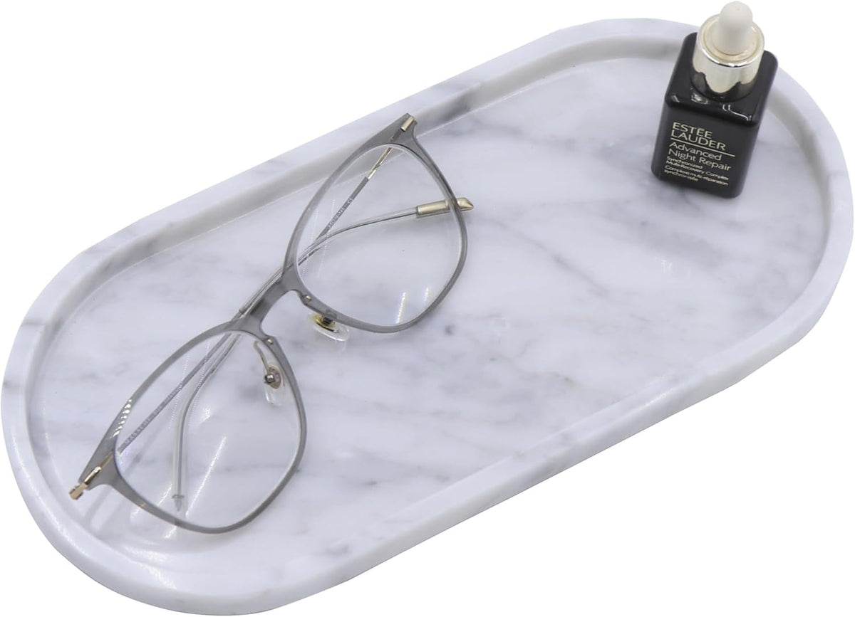 Natural Marble Tray, Oval Vanity Decorative Tray for Bathroom Counter, Countertop Stone Organizer, Catchall Tray for Kitchen, Perfume, Candles, Jewelry Dish Decorative Tray