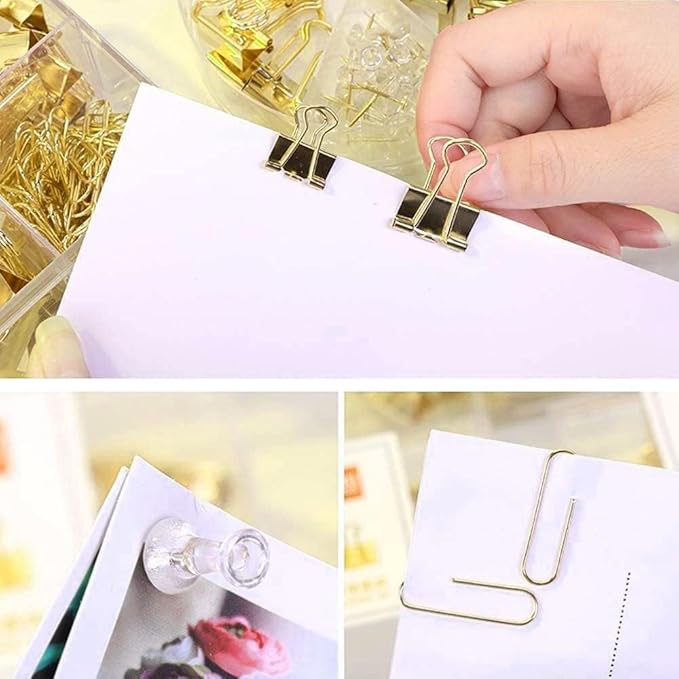 10 Pack, Gold Paper Clips and Binder Clips Set, Metal Assorted Sized Binders with Push Pins, Cute Gold Office Supplies for Desk, Desk Accessories