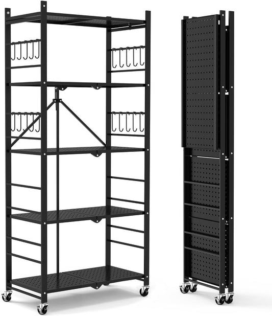 Himix Storage Shelves with 20 Hooks, 5-Tier Collapsible Organization Storage Rack Bookshelf Folding Pantry Shelves Cube Shelf Wire Shelving Holds 440 Ibs for Garage Kitchen Room, Black