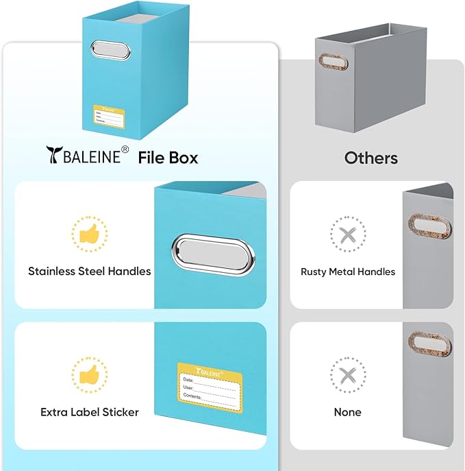 BALEINE File Organizer Box, Cardboard File Folder Organizer with Handle for Letter Size, Portable Collapsible Hanging Filing Box for Home Office Document Storage (2 Pack, Blue)