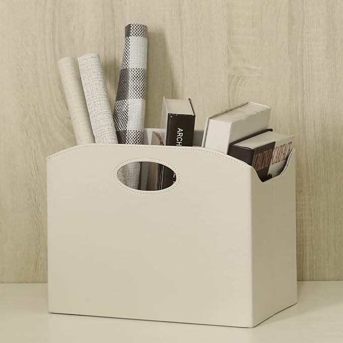 EZDeco Magazine Holder Foldable Magazine Rack Floor PU Leather File Holder Newspaper Book Storage Basket Document File Folder Organizer for Office Home (Off-white-1)