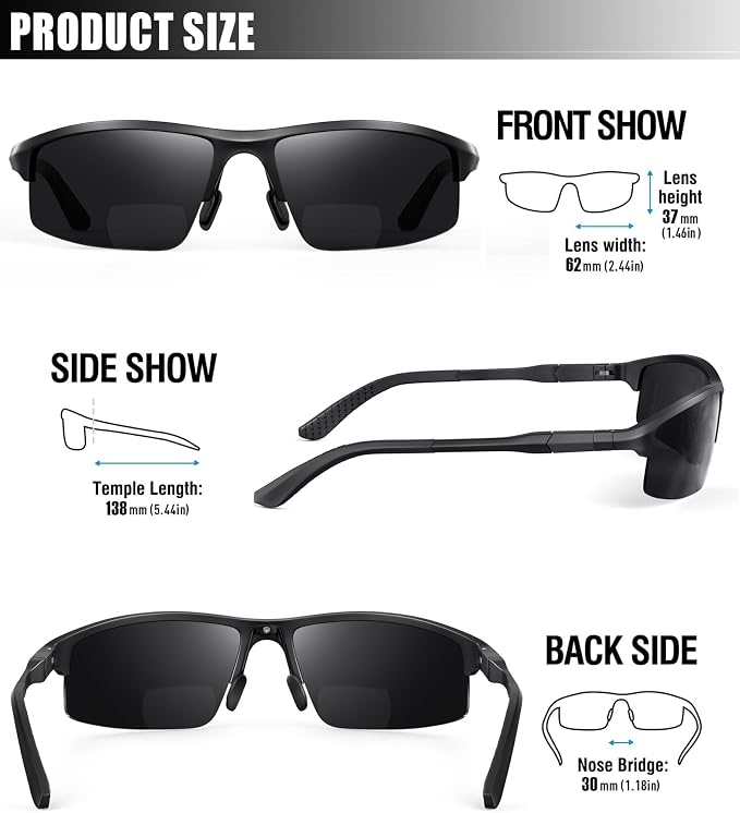 SKYOAK Sports Bifocal Reading Sunglasses Men Wrap Around UV 400 Protection Aluminum Frame Glasses Spring Hinge Semi Rimless Sun Readers Built In Driving/Running/Fishing Black,3.0