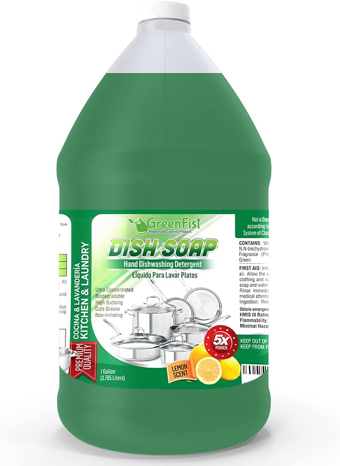 GreenFist Dish Soap Professional Detergent Liquid Pot & Pan Dish-Wash - Light or Heavy Use (Green Dish Soap 1 Gallon)
