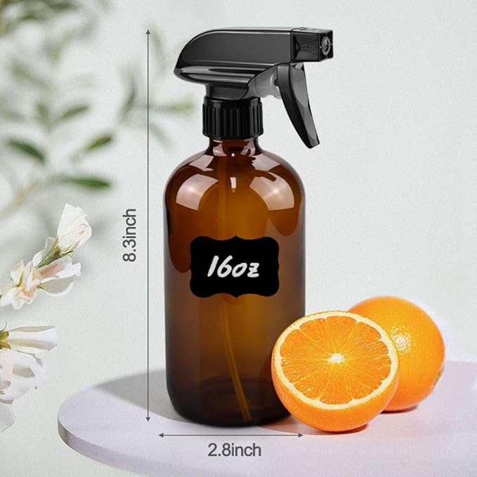 Glass Spray Bottles, 16oz Amber Glass Spray Bottles with Labels & Adjustable Nozzle, Reusable Containers for Cleaning, BBQ, Food, Plants, Alcohol, Essential Oils(1 Pack)