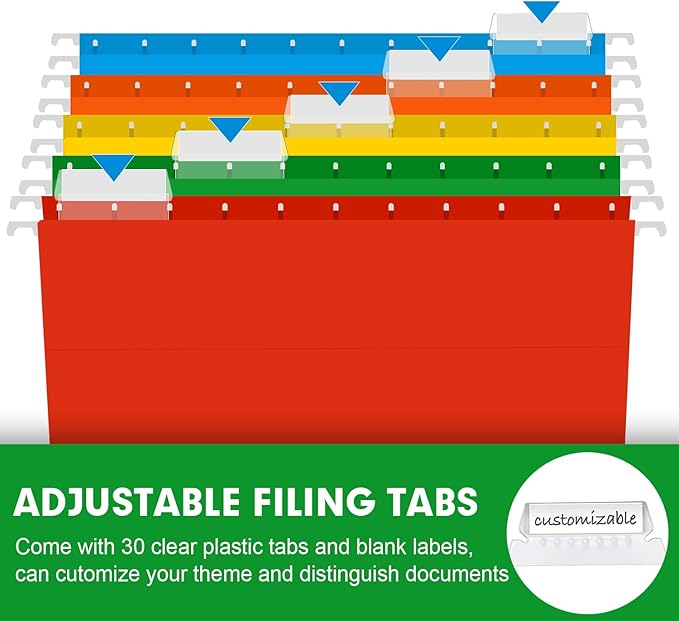 Extra Capacity Hanging File Folders, RAZCC 30 Pack Letter Size Reinforced Hanging Folders with Heavy Duty 1 Inch Expansion for Bulky Files, Filing Cabinet, Adjustable Tabs, Assorted Colors