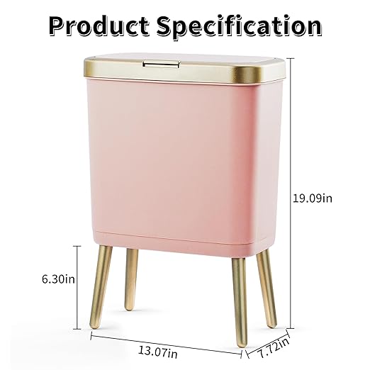 Procade Bathroom Trash Can with Lid, 4 Gallon Pink Garbage Can, Tall Plastic Trash Bin with Push Button, Slim Gold Trash Can Waste Basket for Room, Bedroom,Office,Kitchen