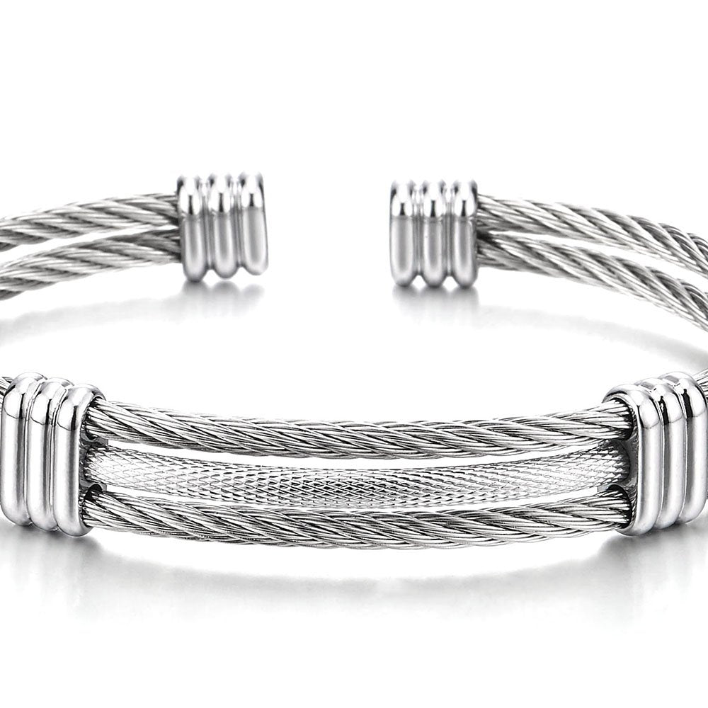 COOLSTEELANDBEYOND Men Women Stainless Steel Twisted Cable Adjustable Cuff Bangle Bracelet Silver Color