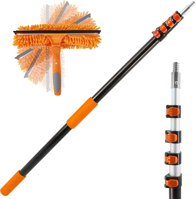 23 ft High Reach Window Squeegee with Extension Pole, 2 in 1 Squeegee for Window Cleaning, Window Cleaner Tool with 5-Stage 4-16.5 ft Telescoping Pole, Squeegee for Shower Glass Home Car