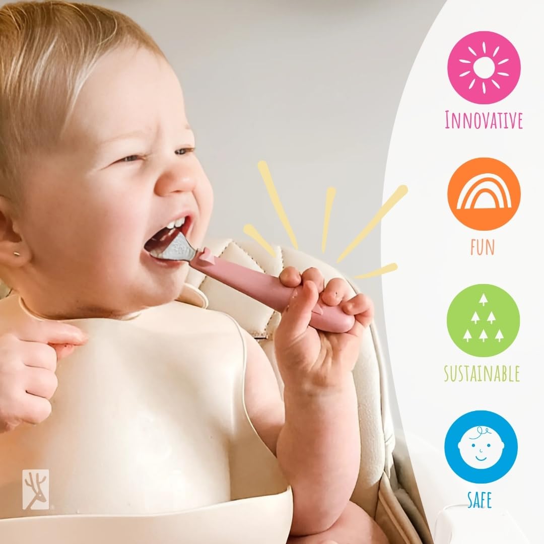 Elk and Friends Kids Silverware with Silicone Handle | Childrens Safe Flatware | Toddler Utensils | Baby Spoons + Forks | Stainless Steel Cutlery