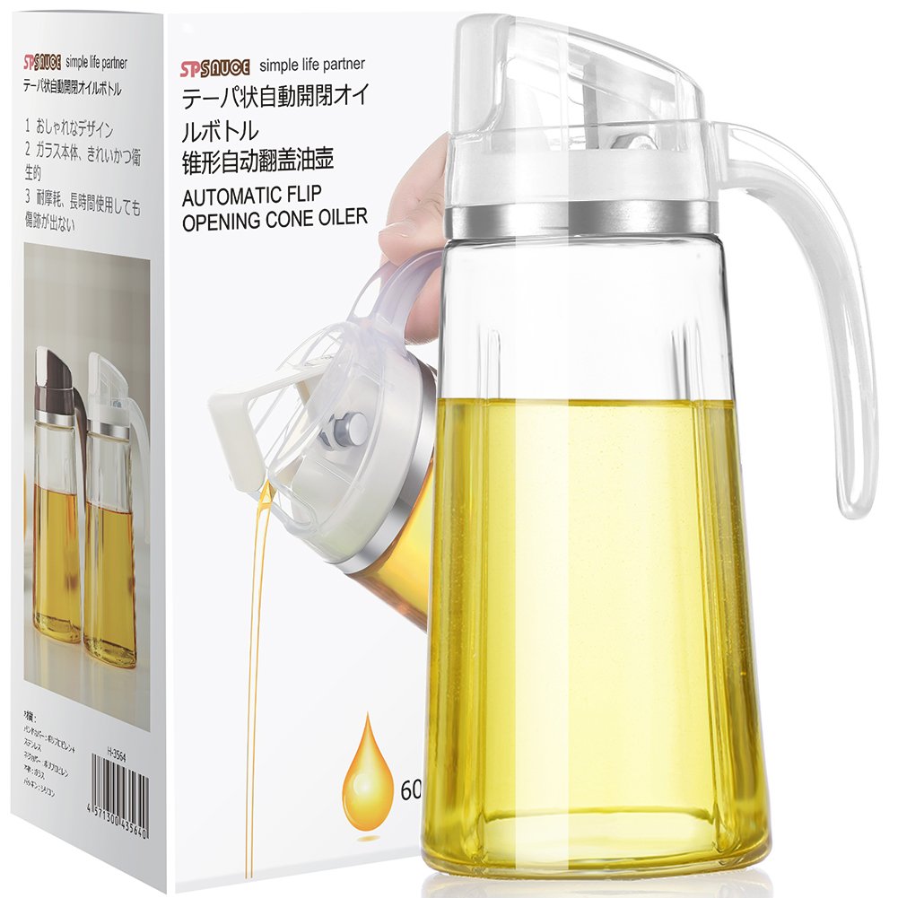 Marbrasse Oil Dispenser for Kitchen,20 OZ /600ml Leakproof Glass Oil Bottle with Auto Flip Cap,Olive Oil Container for Kitchen Cooking (White)