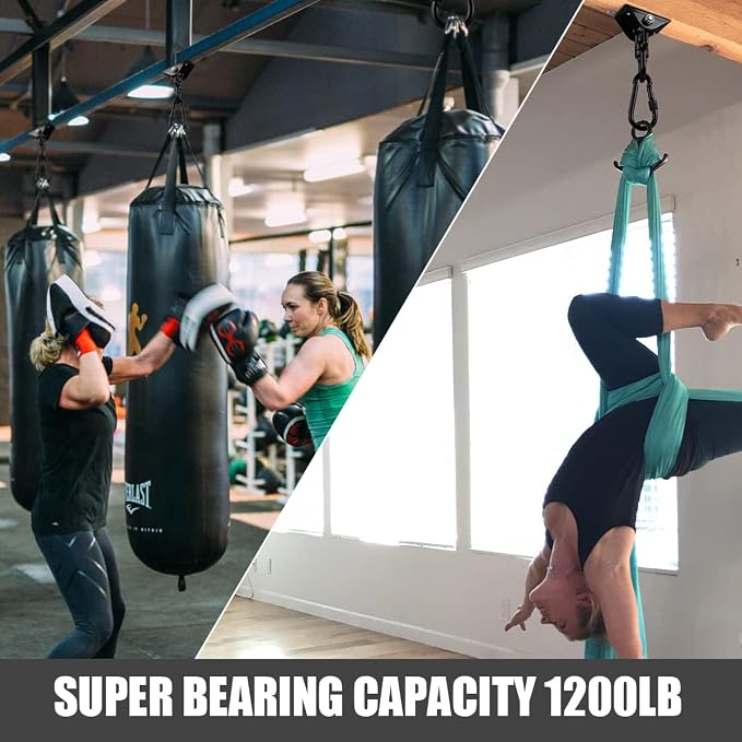 2-Pack Hammock Hanging Kit, 360-Degree Swivel Heavy-Duty Swing Hooks, Supports 1200 lbs, Stainless Steel Swing Hardware for Hammocks, Playgrounds, Yoga, Chairs & Heavy Bag. Installs on Concrete/Wood.