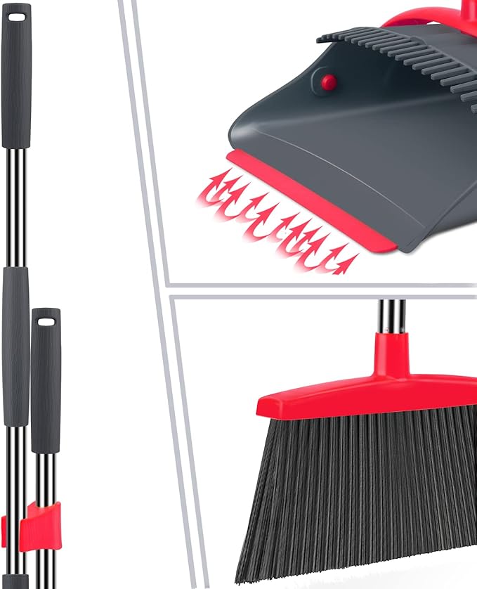 Broom and Dustpan Set,Broom with Dustpan Combo Set Dust pan with Long Handle, for Home Kitchen Room Office Lobby Floor Use Upright Stand Up(Gray&Red)