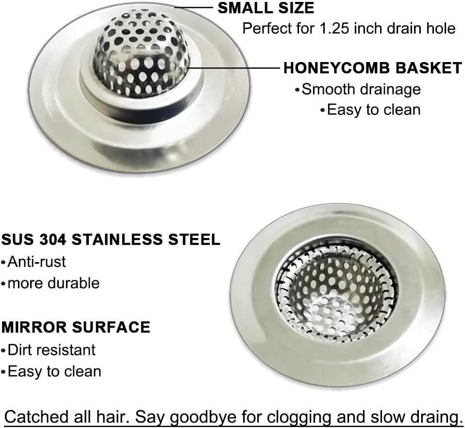 1.25" Small Drain Strainer, Sink Drain Hair Catcher, Bathroom Sink Strainer, 2PCS Drain Mesh Baskets for Laundry, Mop Pool, Utility, Slop, RV Sink, Stainless Steel Drain Filter