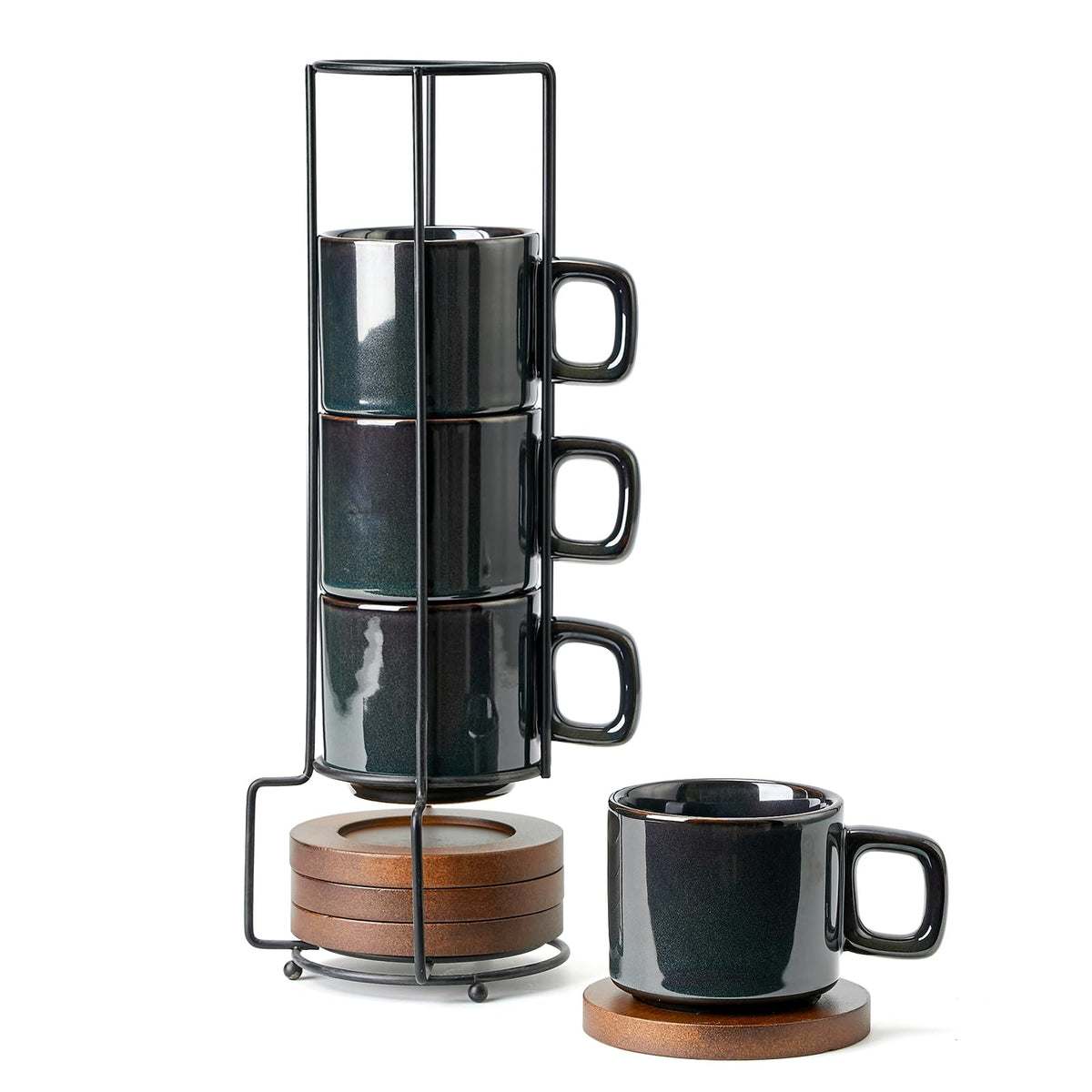 LUKA Porcelain Stackable Espresso Cups with Saucers and Metal Stand, 4 Ounce Small Ceramic Demitasse Cups Set for Latte, Specialty Coffee Drinks, Cafe Mocha,Tea - Set of 4, Kiln Tide Glaze