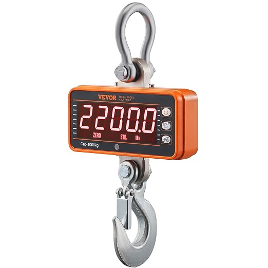 VEVOR Crane Scale, Hanging Scale Industrial Heavy Duty, Digital Crane Scale with Remote Control, Cast Aluminum Case & LED Screen, 2200 lbs/1000 kg,High Precision for Construction, Factory, Farm