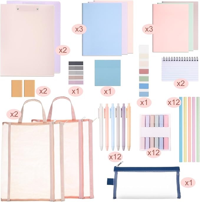 54 Pieces Aesthetic School Supplies Including Pastel Highlighters Document Bags Pencils Notebooks Pencil Pouch Ink Pens Sticky Notes Erasers Back to School Stationary Kit Supplies(Macaron Color)