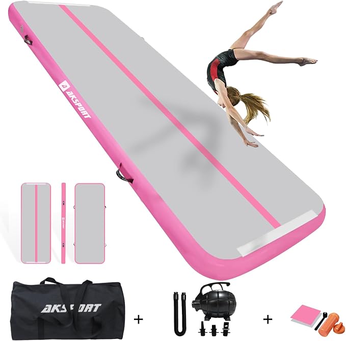 AKSPORT Inflatable Gymnatsics Mat Tumble Track 10ft 13ft 16ft 20ft 23ft Air Tumbling Mat with Air Pump for Home Use/Training/Cheerleading/Yoga