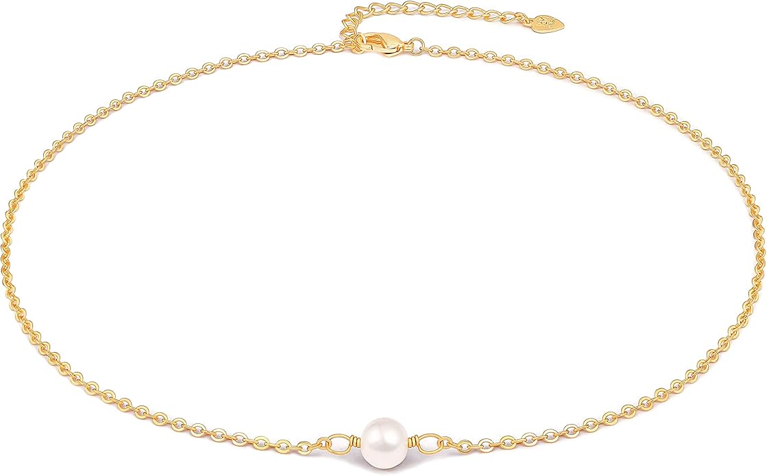 Aobei Pearl 18K Gold Plated Paperclip Chain Choker Satellite Chain Freshwater Cultured Biwa Pearl Pendant Necklace Dainty Jewelry for Women