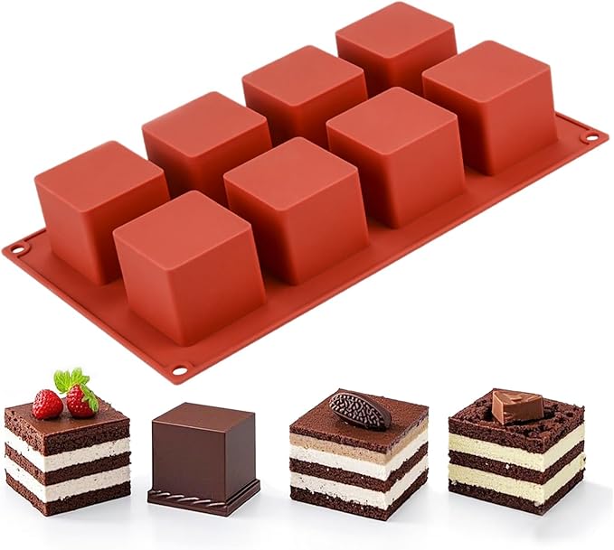 Square Silicone Mold for Baking, 8-Cavity 3D Cube Square Chocolate Molds for Cookie Covered Chocolate Candy Jello